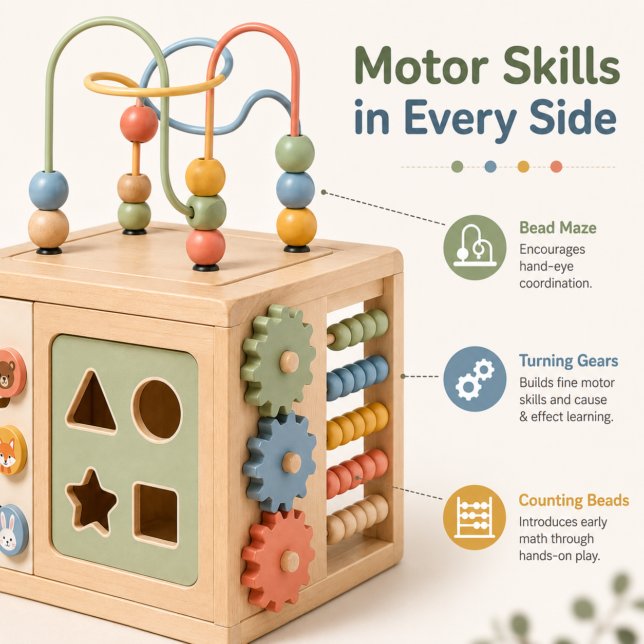 6-in-1 wooden activity cube, all-round Montessori early education