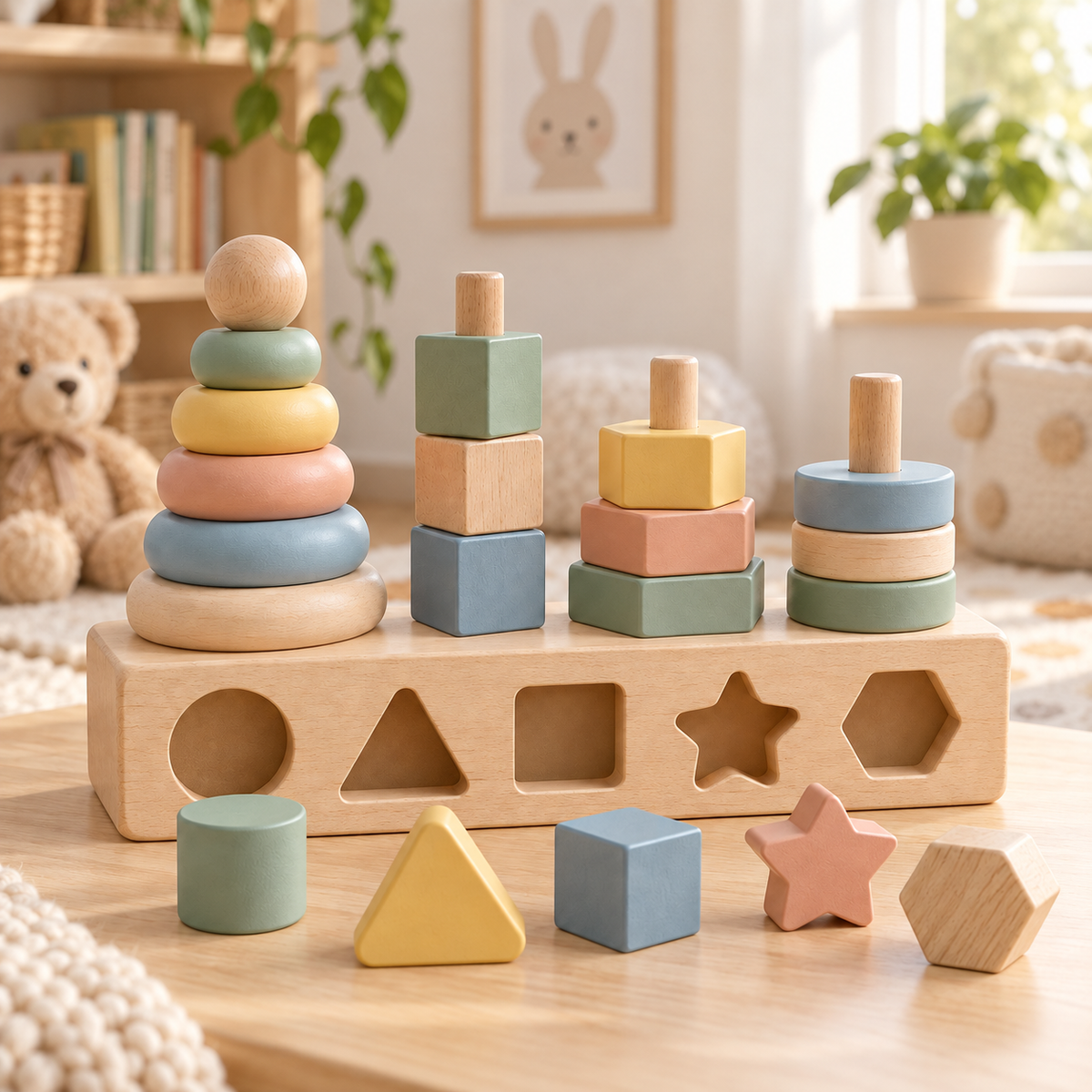 Virexaxe® Montessori Wooden Stacking and Shape Sorter – Early Learning Activity Toy