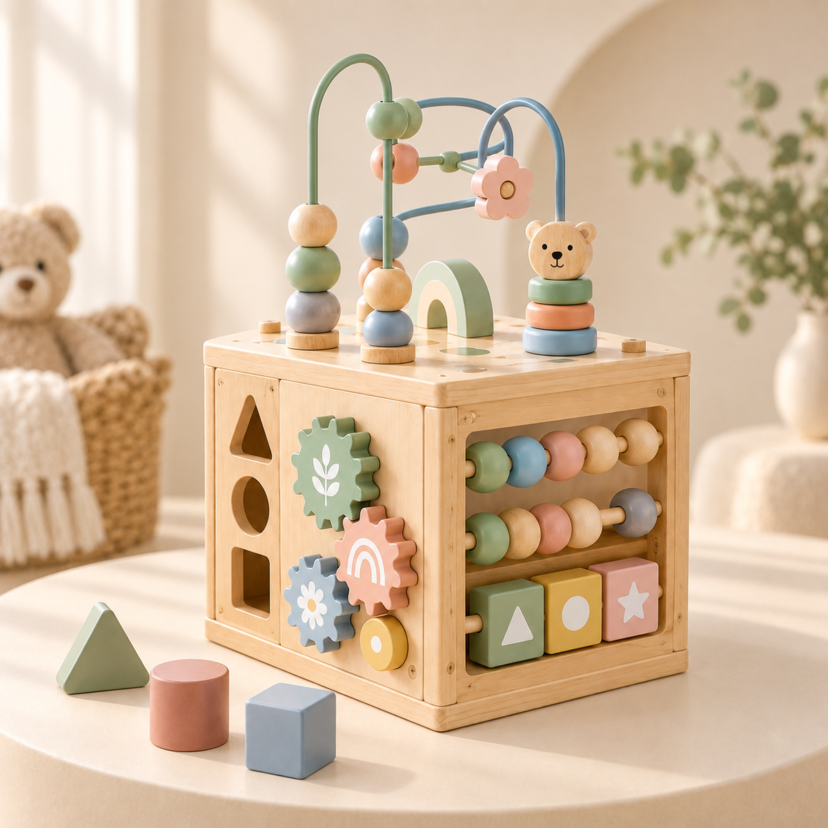 Virexaxe® Montessori Activity Cube – Wooden Sorting, Stacking and Bead Maze Learning Toy