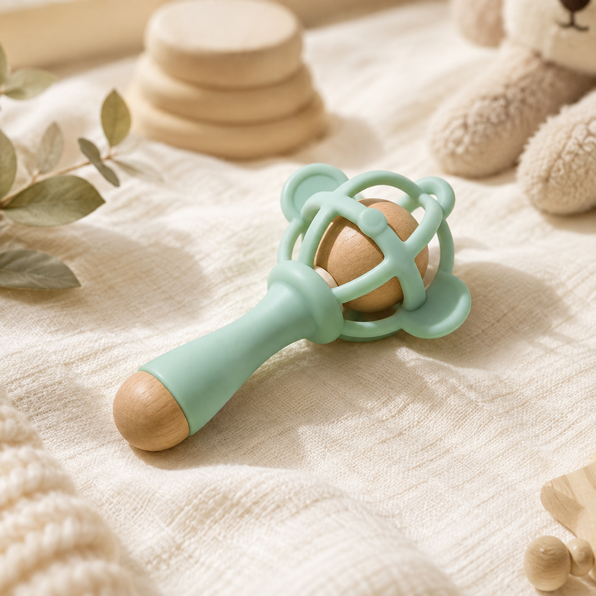 Virexaxe® Wooden & Soft PVC Baby Rattle – Sensory Play Toy