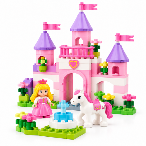 Virexaxe® Princess Castle Building Playset – Pink Fantasy Castle with Princess, Pony and Fountain