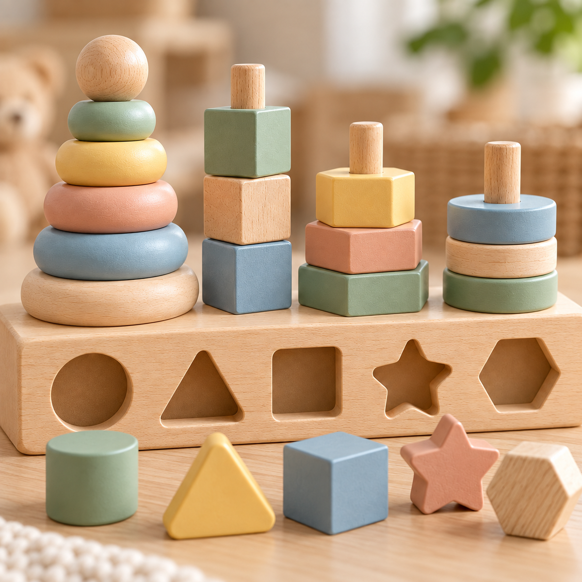 Virexaxe® Montessori Wooden Stacking and Shape Sorter – Early Learning Activity Toy