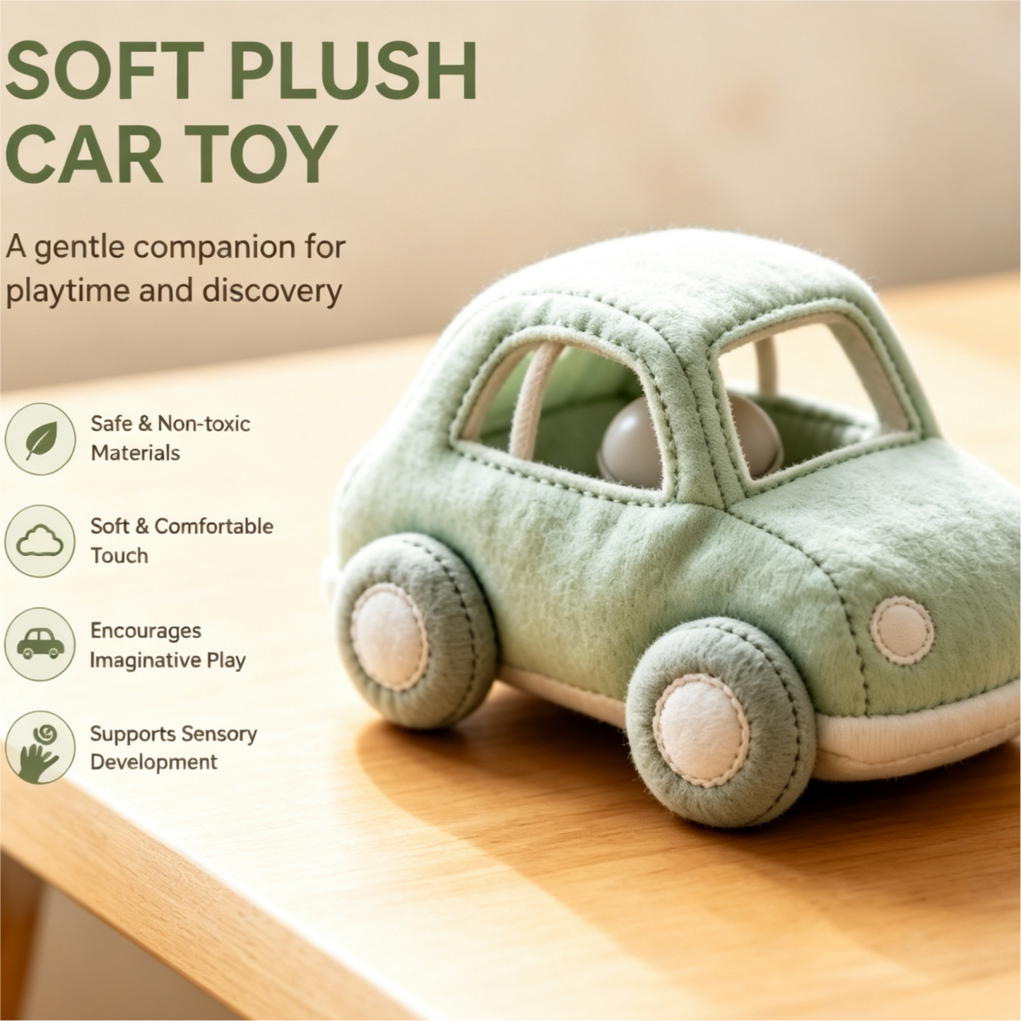 Soft fabric toy car rattle – low-saturation green soothing soft toy