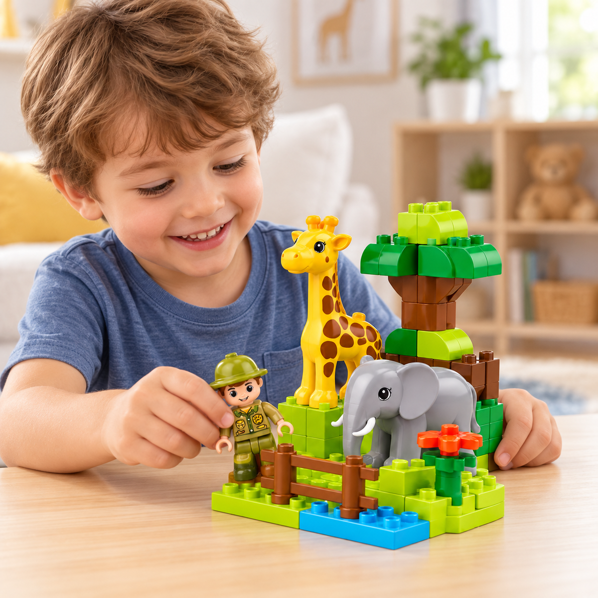 Virexaxe® Safari Animal Building Playset – Giraffe, Elephant and Explorer Adventure Toy