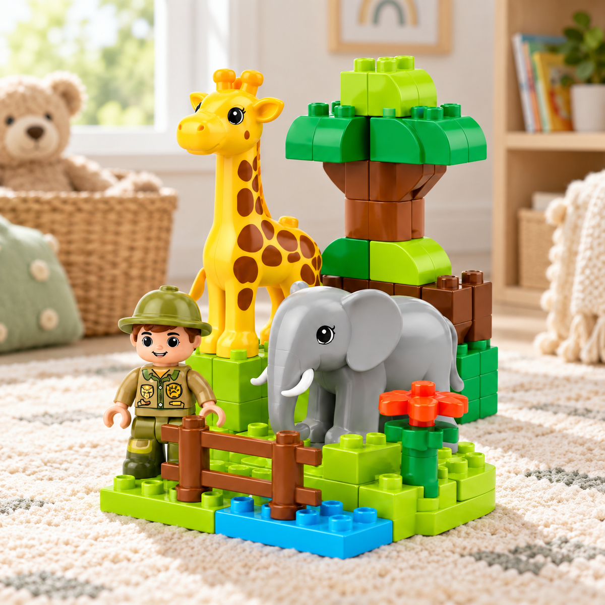 Virexaxe® Safari Animal Building Playset – Giraffe, Elephant and Explorer Adventure Toy