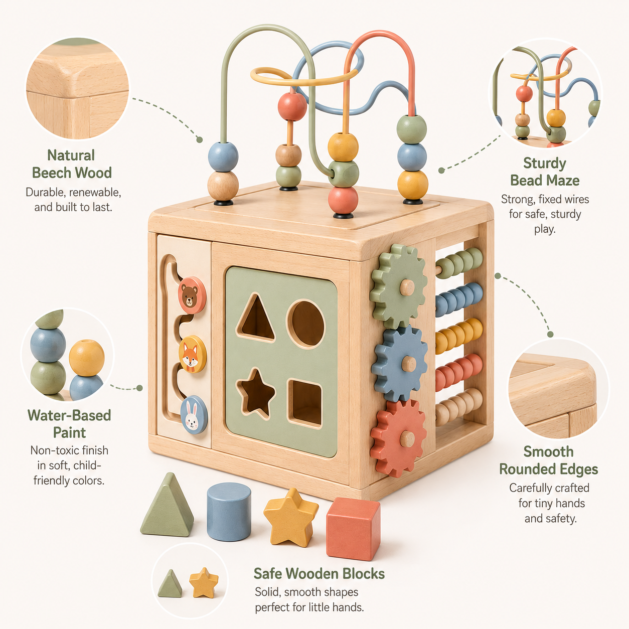 6-in-1 wooden activity cube, all-round Montessori early education