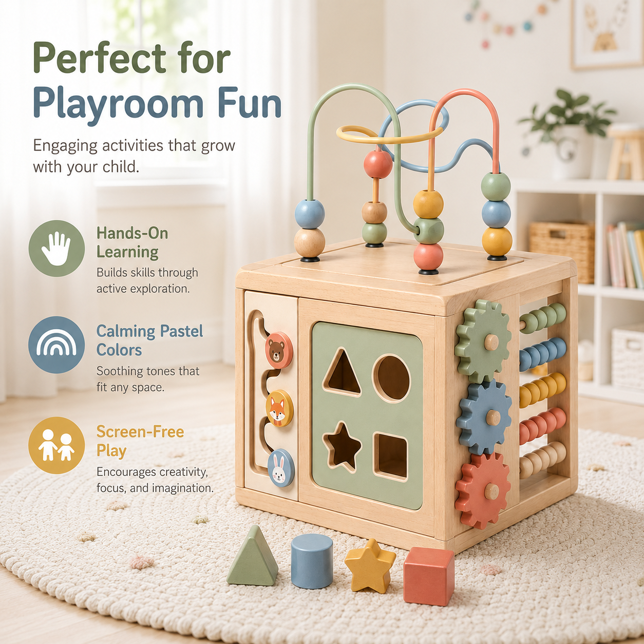 6-in-1 wooden activity cube, all-round Montessori early education