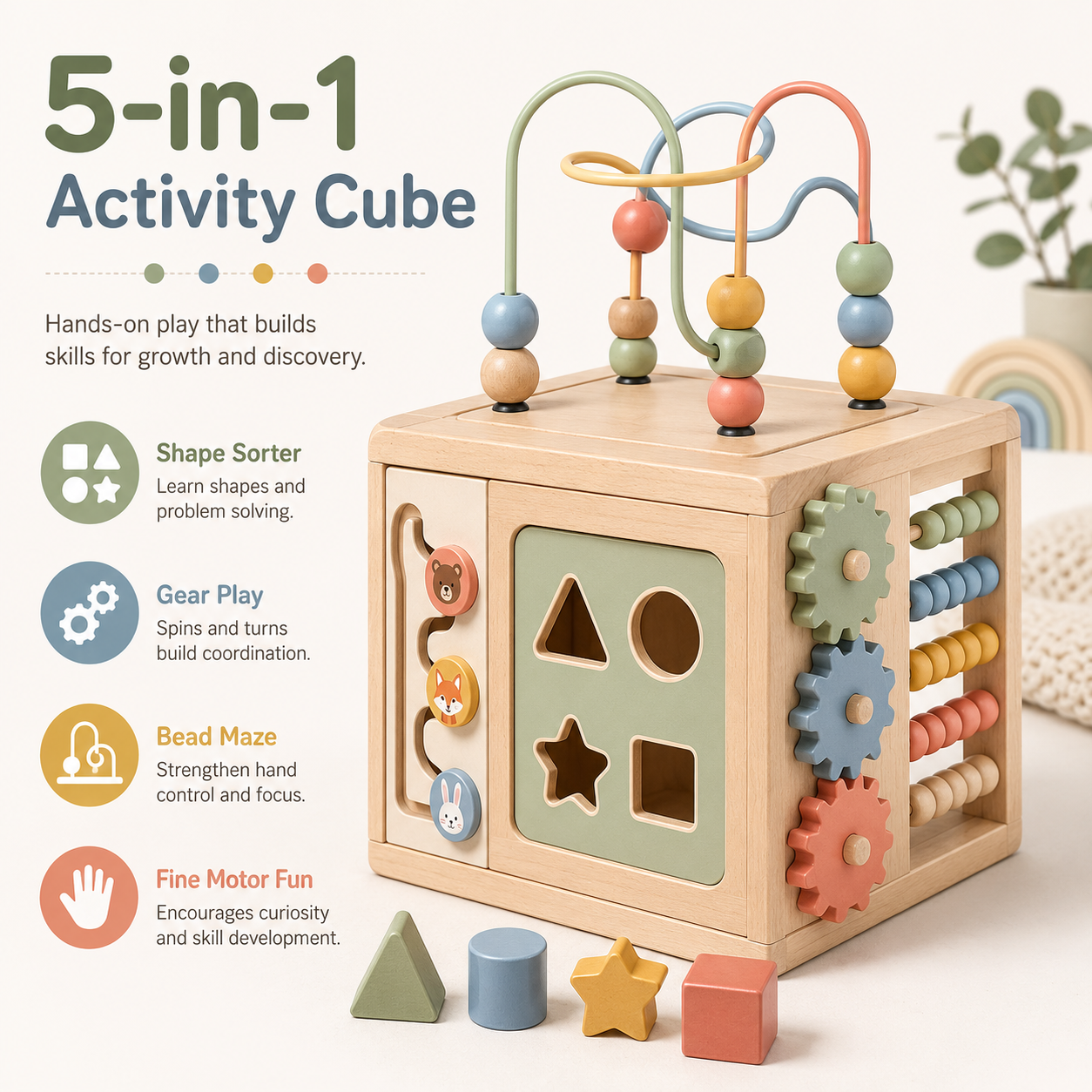 6-in-1 wooden activity cube, all-round Montessori early education