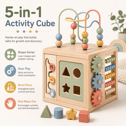 6-in-1 wooden activity cube, all-round Montessori early education