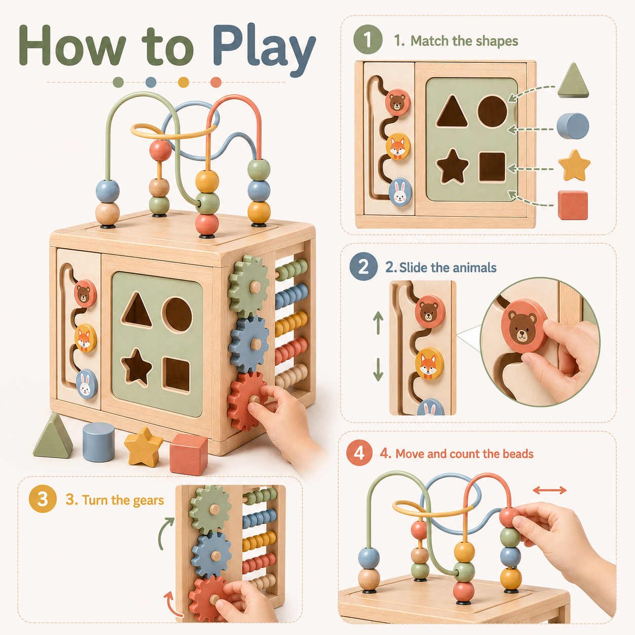 6-in-1 wooden activity cube, all-round Montessori early education