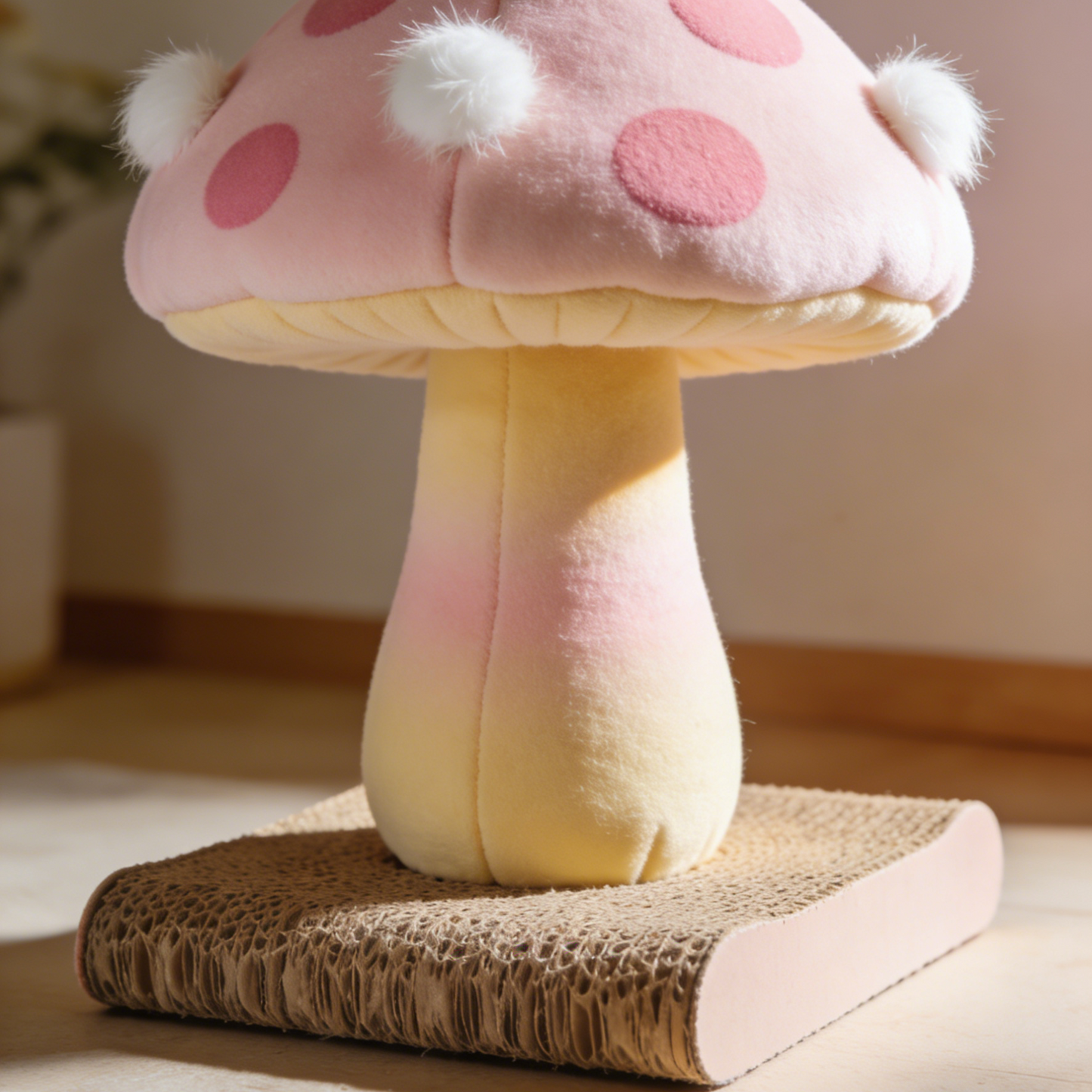 Mushroom Shaped Cat Scratcher - Pink & Yellow Gradient Corrugated Cardboard Scratching Pad with Pom-Pom Accents