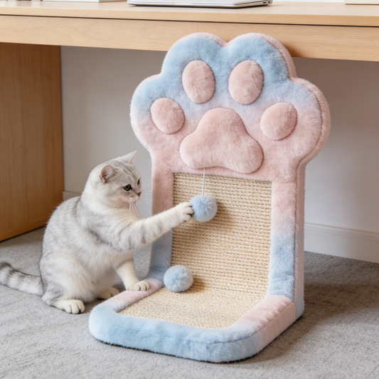Gradient Paw Print Vertical Cat Scratcher - Pink & Blue Plush Scratching Post with Sisal Mat & Pom-Pom Toys