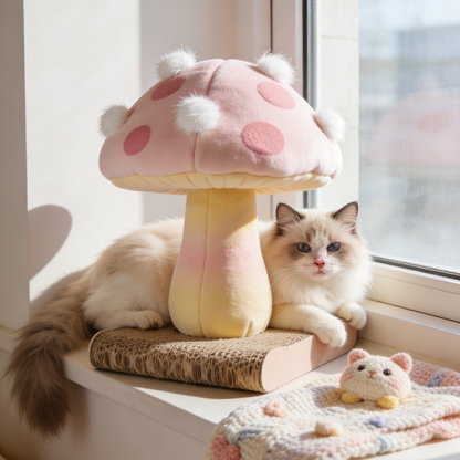 Mushroom Shaped Cat Scratcher - Pink & Yellow Gradient Corrugated Cardboard Scratching Pad with Pom-Pom Accents