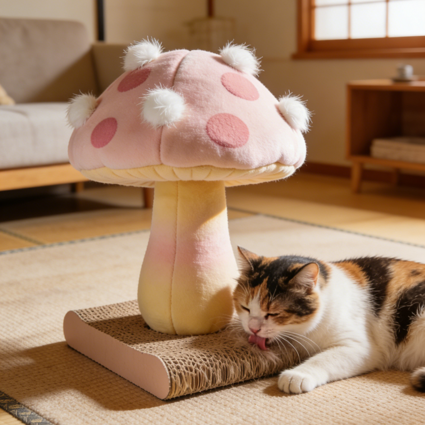 Mushroom Shaped Cat Scratcher - Pink & Yellow Gradient Corrugated Cardboard Scratching Pad with Pom-Pom Accents