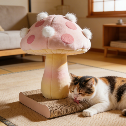 Mushroom Shaped Cat Scratcher - Pink & Yellow Gradient Corrugated Cardboard Scratching Pad with Pom-Pom Accents