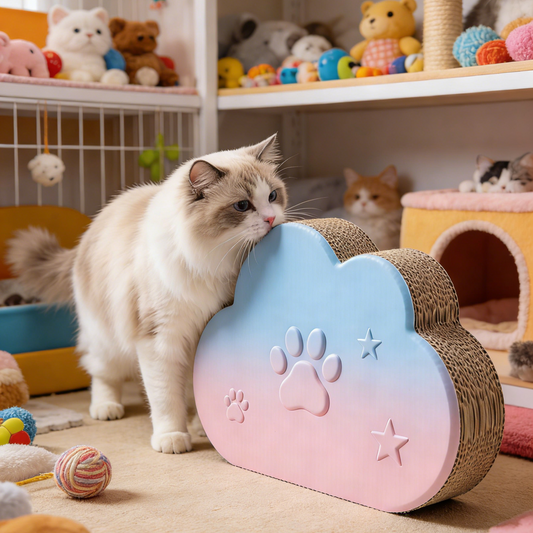 Gradient Cloud Cat Scratcher - Pink & Blue Corrugated Cardboard Scratching Pad with 3D Pa0w & Star Appliqués