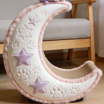 Moon & Star Plush Cat Scratcher - Pink & White Crescent Shaped Scratching Bed with Sisal Mat & Cloud Toy
