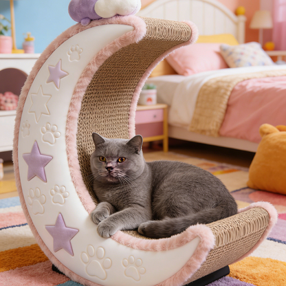 Moon & Star Plush Cat Scratcher - Pink & White Crescent Shaped Scratching Bed with Sisal Mat & Cloud Toy