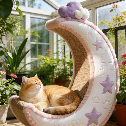 Moon & Star Plush Cat Scratcher - Pink & White Crescent Shaped Scratching Bed with Sisal Mat & Cloud Toy