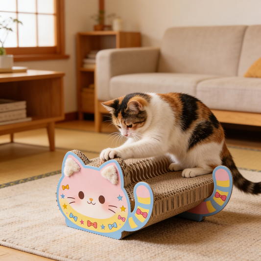 Cartoon Cat Shaped Cat Scratcher - Pink & Blue Corrugated Cardboard Scratching Pad with Pom-Pom Ears