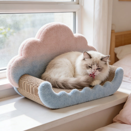 Gradient Cloud Sofa Cat Scratcher - Pink & Blue Plush Scratching Bed with Corrugated Cardboard Base