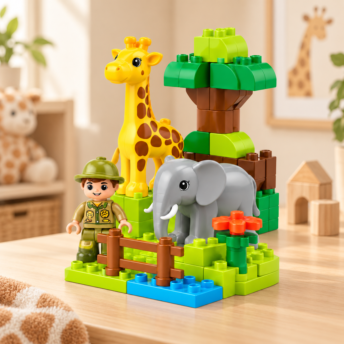 Virexaxe® Safari Animal Building Playset – Giraffe, Elephant and Explorer Adventure Toy
