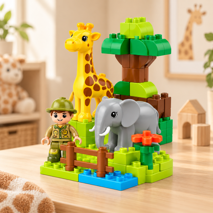 Virexaxe® Safari Animal Building Playset – Giraffe, Elephant and Explorer Adventure Toy