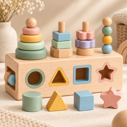 Virexaxe® Montessori Wooden Activity Cube – Shape Sorter and Stacking Learning Toy