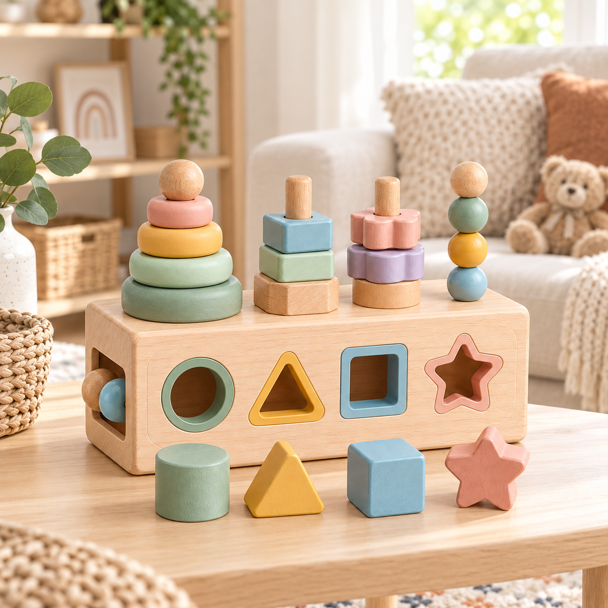 Virexaxe® Montessori Wooden Activity Cube – Shape Sorter and Stacking Learning Toy