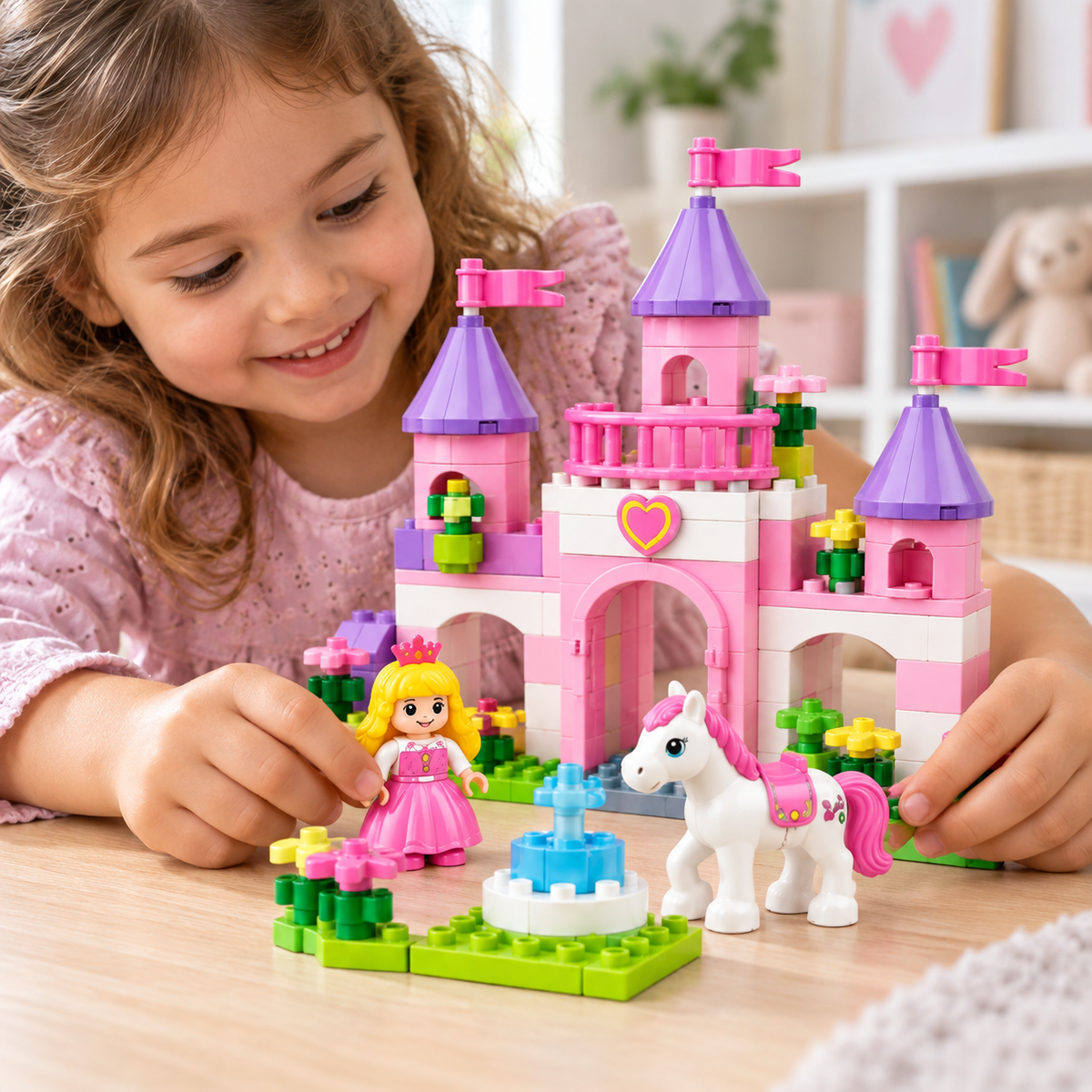 Virexaxe® Princess Castle Building Playset – Pink Fantasy Castle with Princess, Pony and Fountain