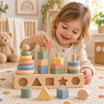 Virexaxe® Montessori Wooden Stacking and Shape Sorter – Early Learning Activity Toy