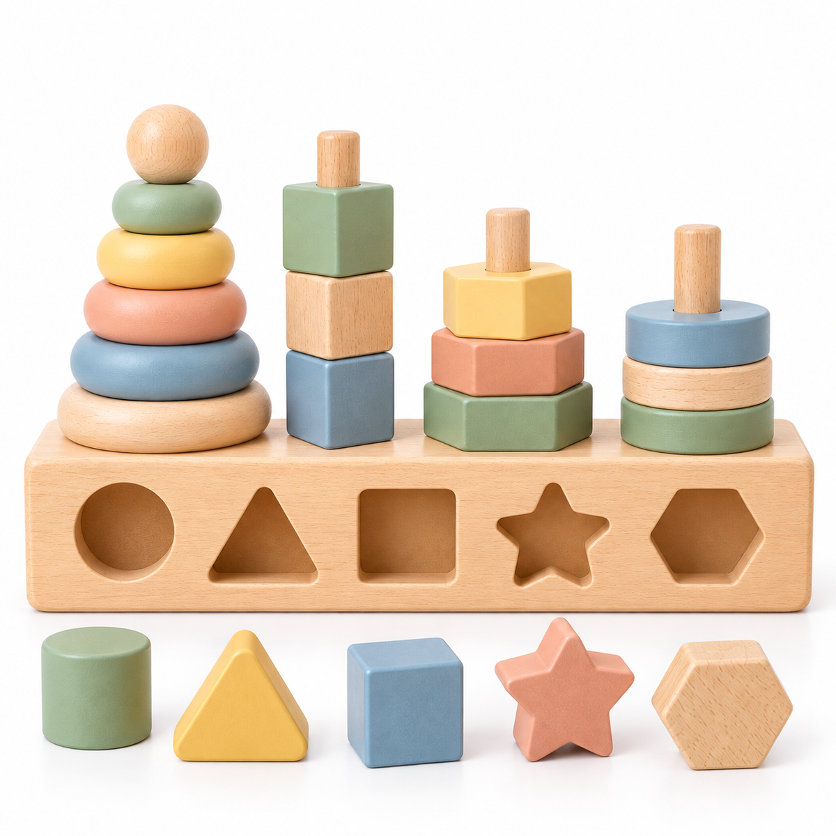 Virexaxe® Montessori Wooden Stacking and Shape Sorter – Early Learning Activity Toy