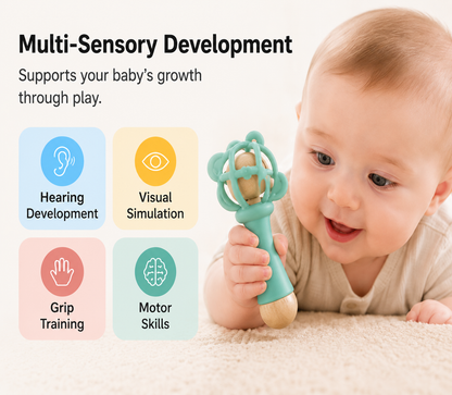 Solid Wood PVC Baby Rattle – Safe, Chewable, Baby-Friendly Teething Rattle