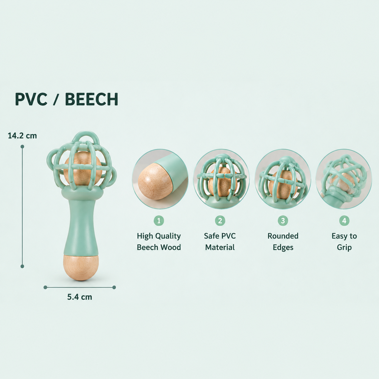 Solid Wood PVC Baby Rattle – Safe, Chewable, Baby-Friendly Teething Rattle