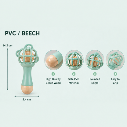 Solid Wood PVC Baby Rattle – Safe, Chewable, Baby-Friendly Teething Rattle