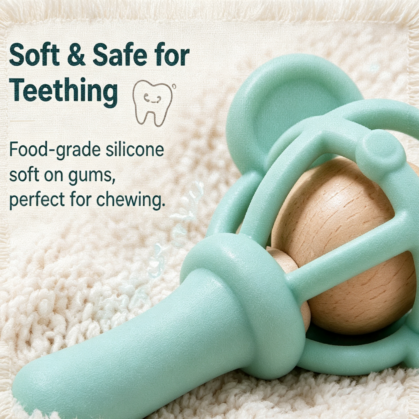 Solid Wood PVC Baby Rattle – Safe, Chewable, Baby-Friendly Teething Rattle