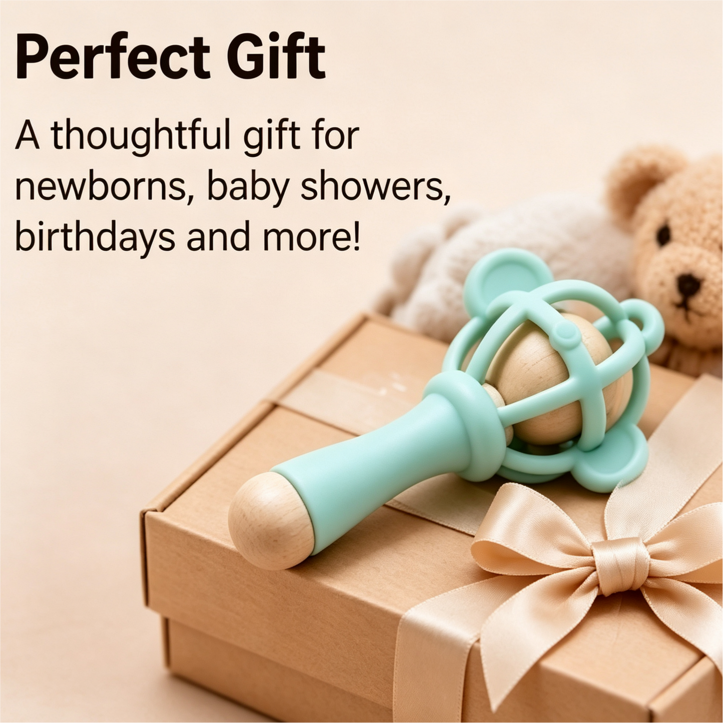 Solid Wood PVC Baby Rattle – Safe, Chewable, Baby-Friendly Teething Rattle