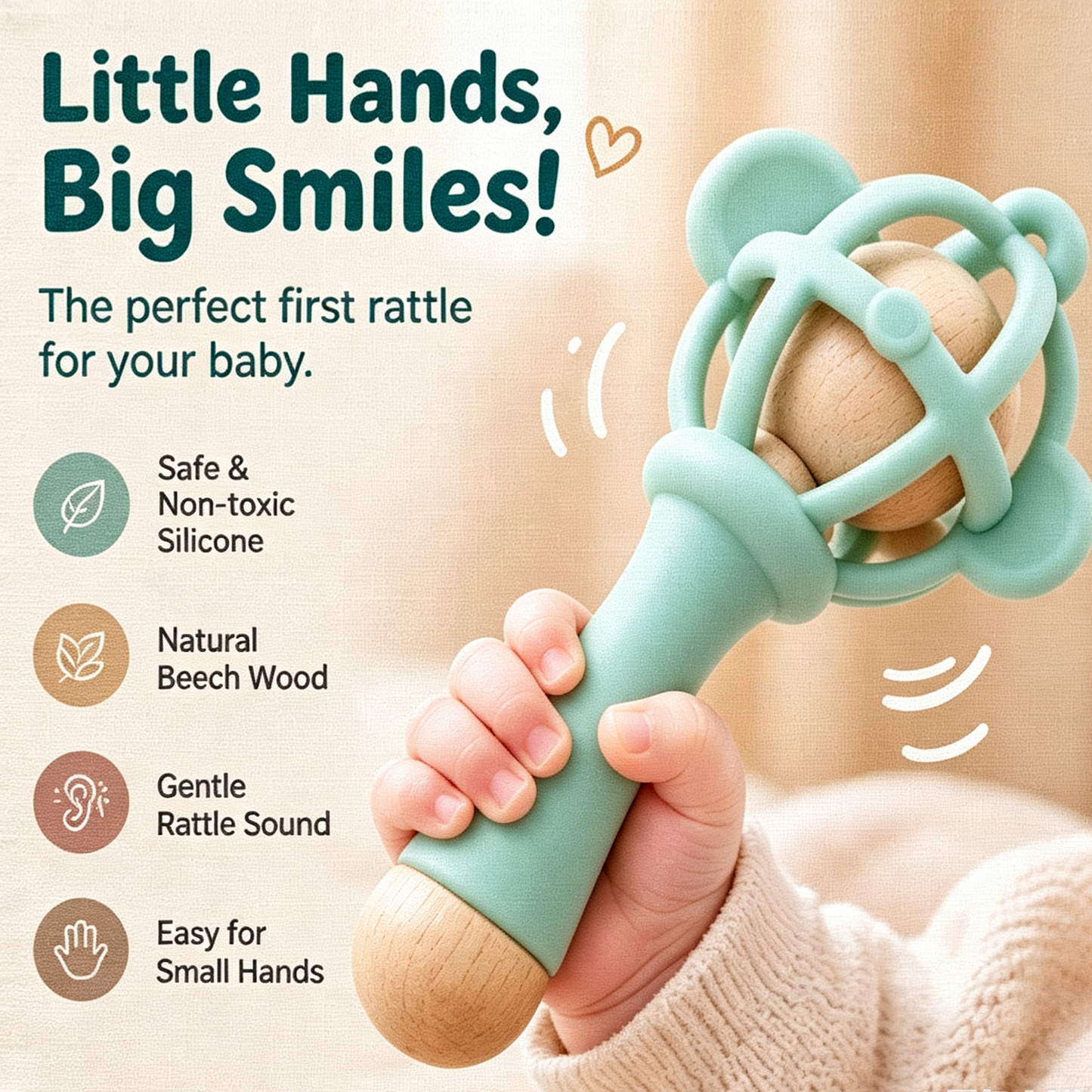 Solid Wood PVC Baby Rattle – Safe, Chewable, Baby-Friendly Teething Rattle
