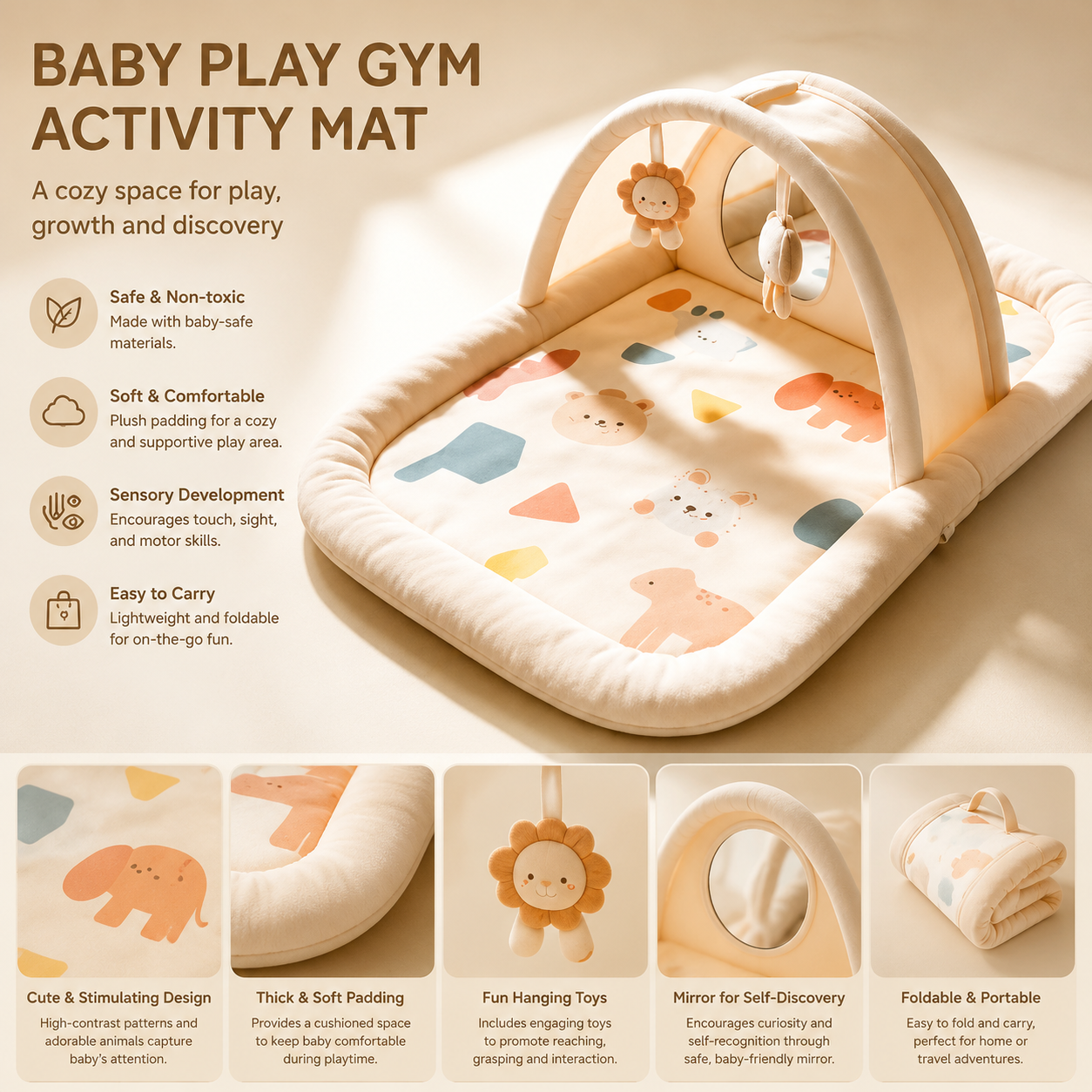 Foldable Baby Play Mat with Arched Fabric Early Learning Activity Frame