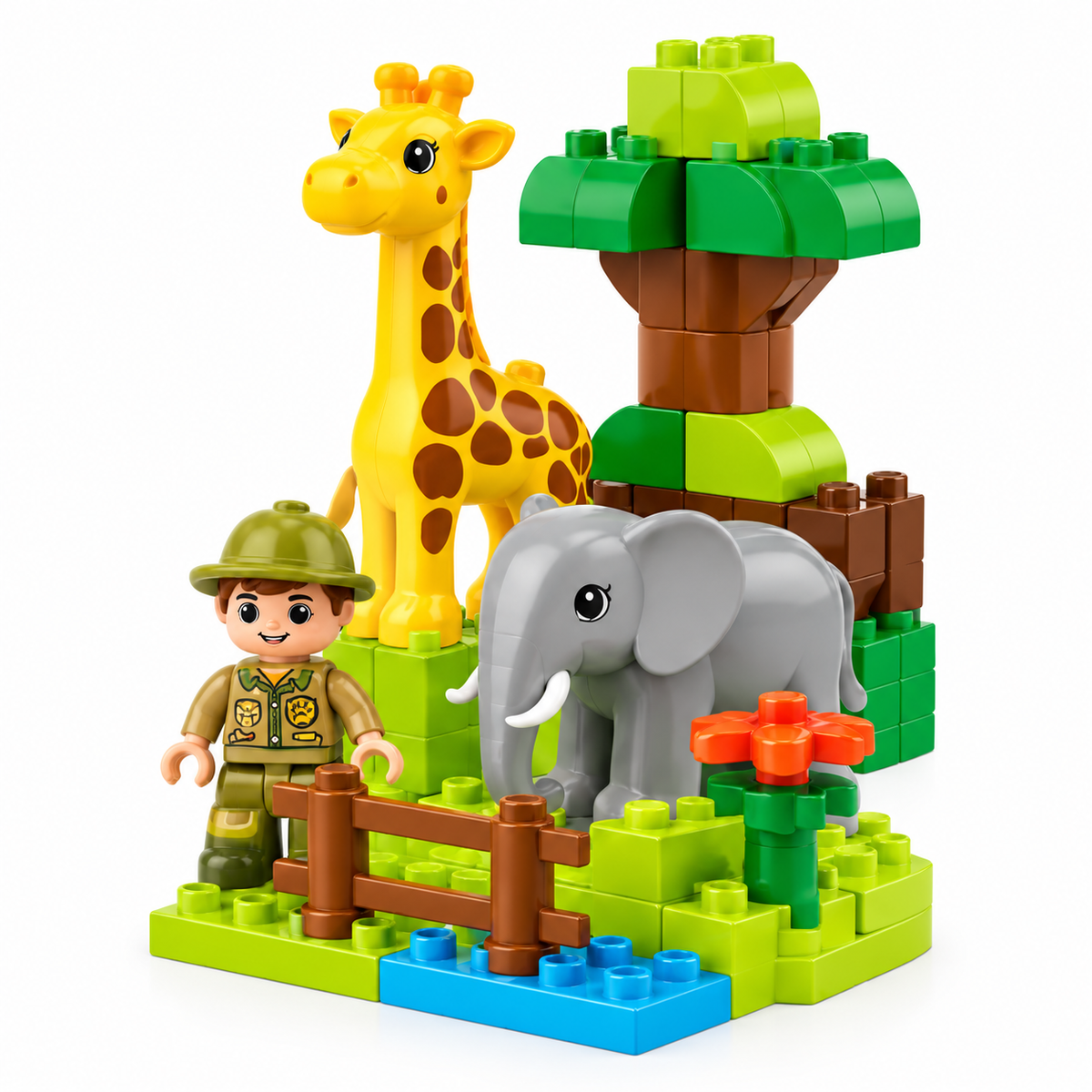 Virexaxe® Safari Animal Building Playset – Giraffe, Elephant and Explorer Adventure Toy