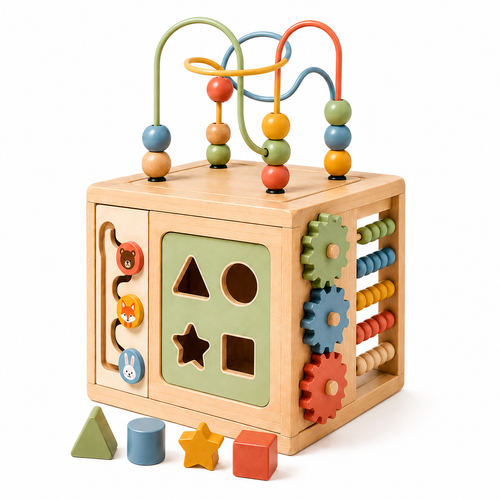 6-in-1 wooden activity cube, all-round Montessori early education