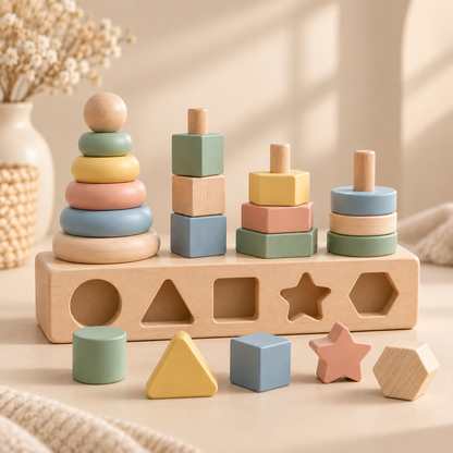 Virexaxe® Montessori Wooden Stacking and Shape Sorter – Early Learning Activity Toy