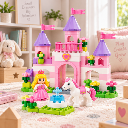 Virexaxe® Princess Castle Building Playset – Pink Fantasy Castle with Princess, Pony and Fountain