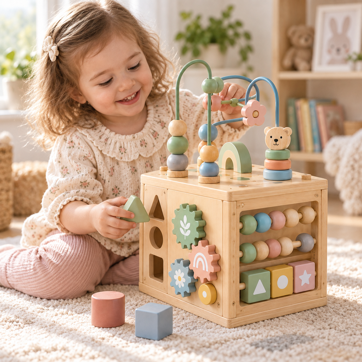 Virexaxe® Montessori Activity Cube – Wooden Sorting, Stacking and Bead Maze Learning Toy