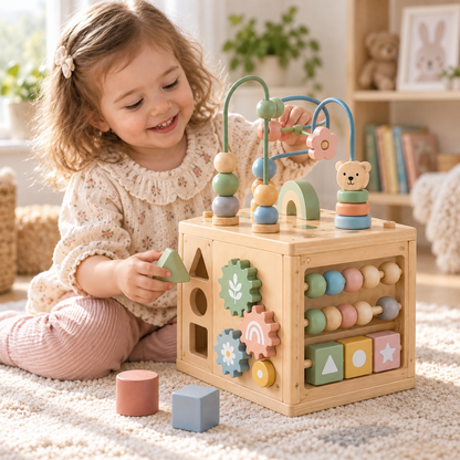 Virexaxe® Montessori Activity Cube – Wooden Sorting, Stacking and Bead Maze Learning Toy