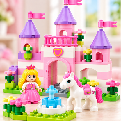 Virexaxe® Princess Castle Building Playset – Pink Fantasy Castle with Princess, Pony and Fountain