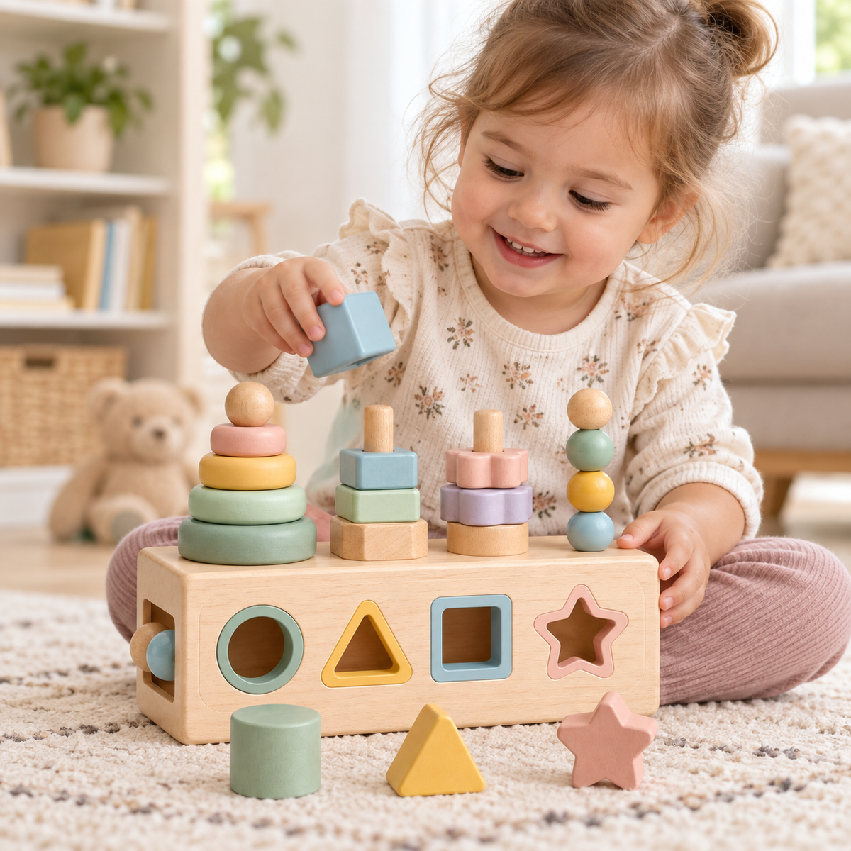 Virexaxe® Montessori Wooden Activity Cube – Shape Sorter and Stacking Learning Toy