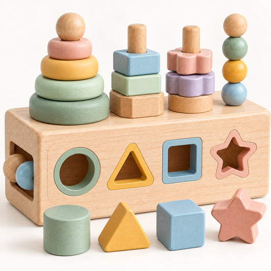 Virexaxe® Montessori Wooden Activity Cube – Shape Sorter and Stacking Learning Toy