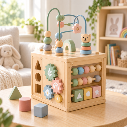 Virexaxe® Montessori Activity Cube – Wooden Sorting, Stacking and Bead Maze Learning Toy