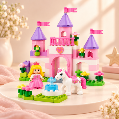 Virexaxe® Princess Castle Building Playset – Pink Fantasy Castle with Princess, Pony and Fountain
